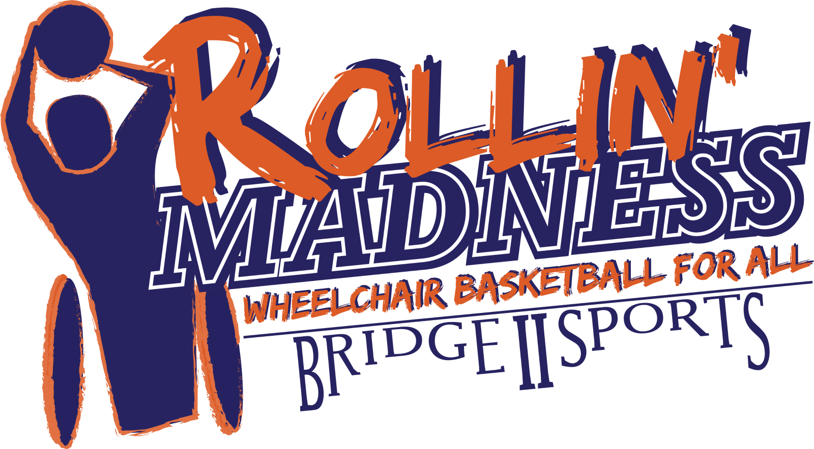 Rollin' Madness Logo, there is a stylized wheelchair basketball player on the left side, and the word rollin' is stacked on top of madness